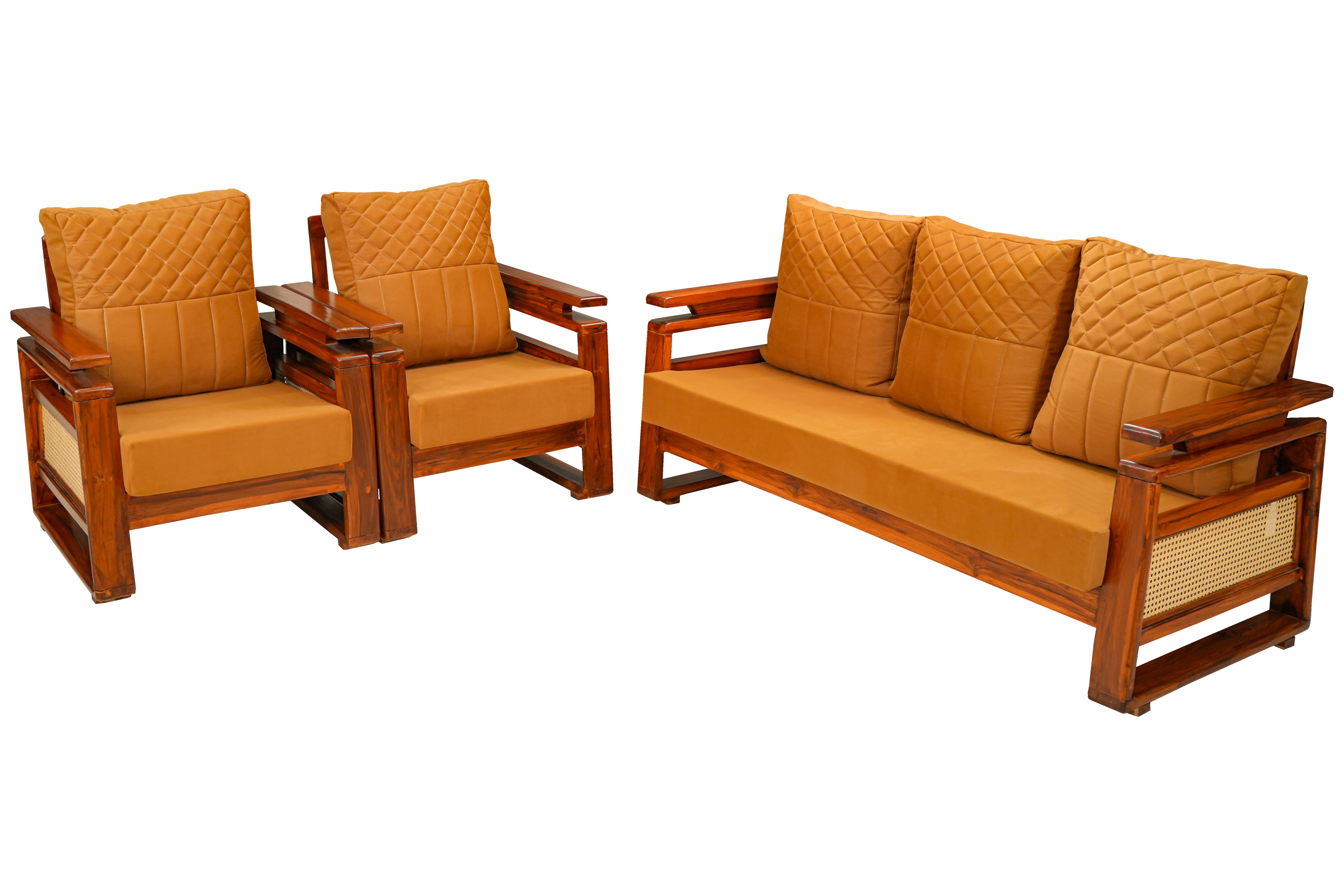 Elegant Teak Wood Sofa Set (3+1+1) with Wicker Side Design & Detachable Cushions